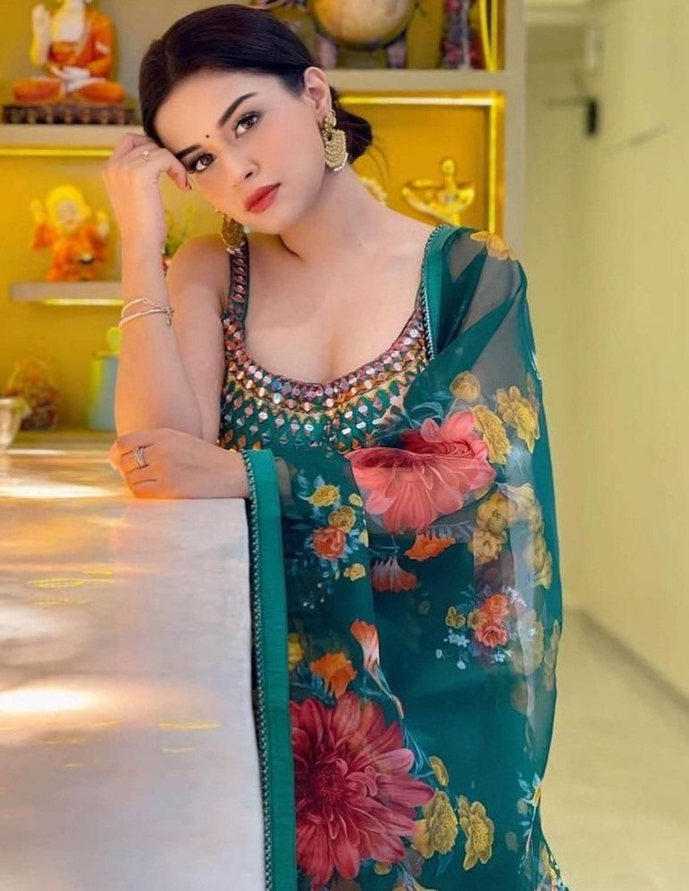 Green organza flower printed lehenga choli