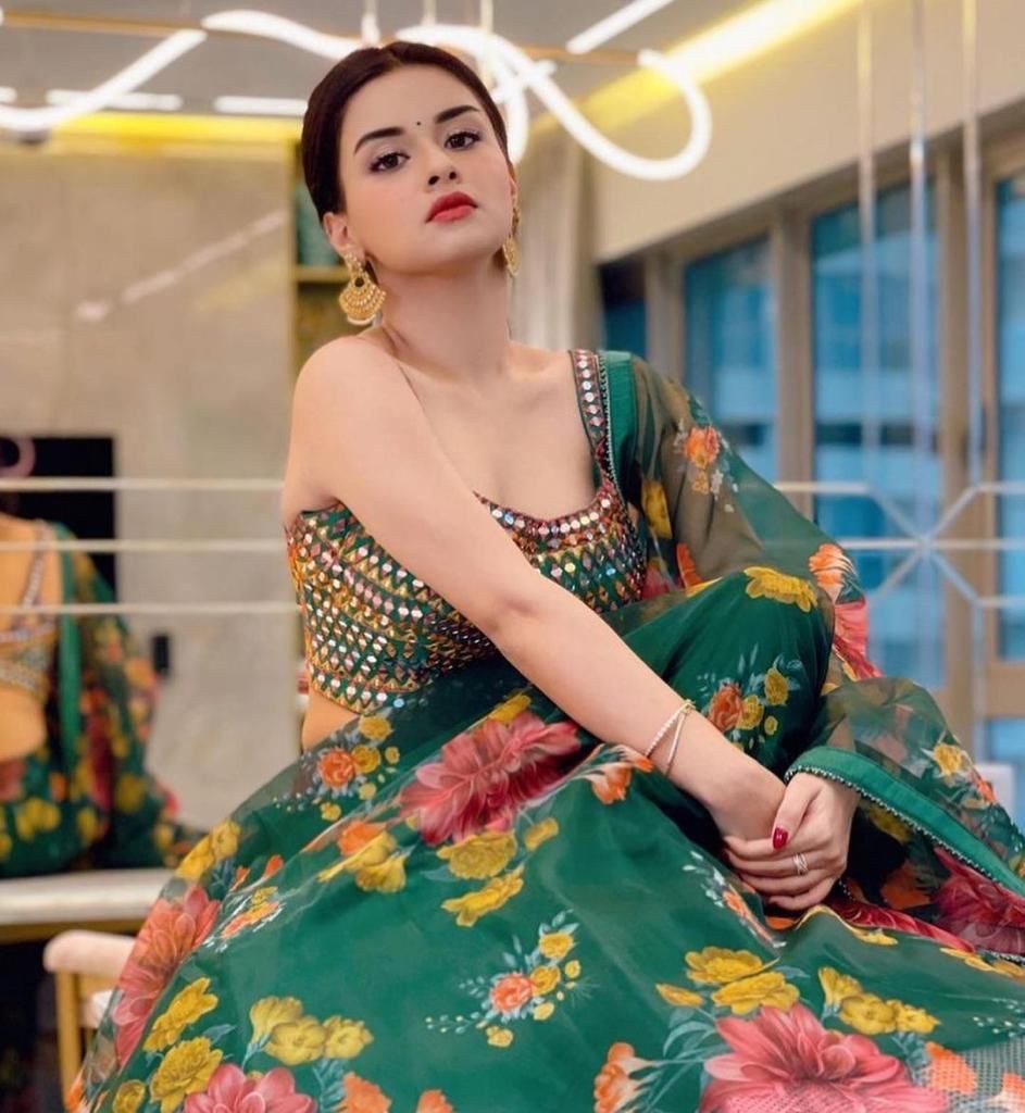 Green organza flower printed lehenga choli