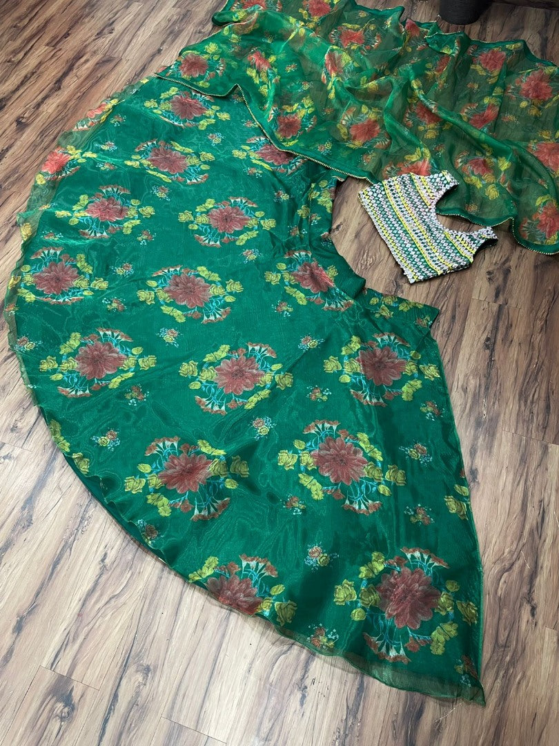 Green organza flower printed lehenga choli