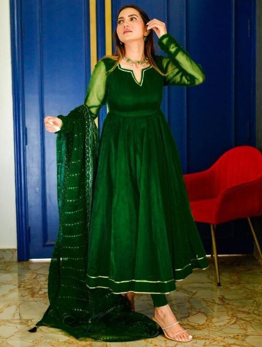 Green organza plain party wear anarkali suit