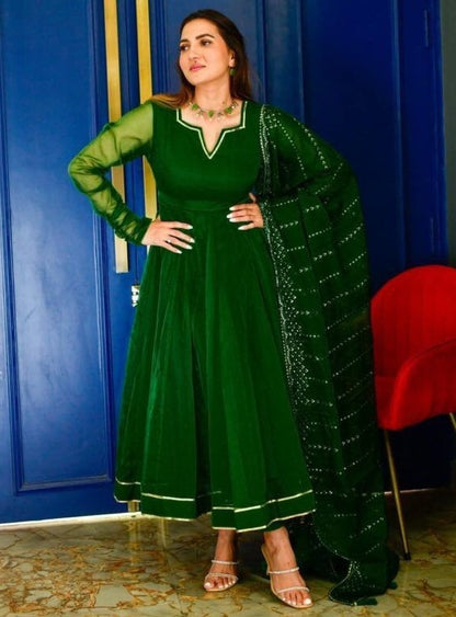 Green organza plain party wear anarkali suit