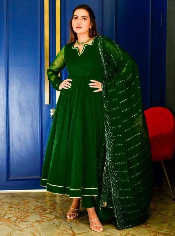 Green organza plain party wear anarkali suit