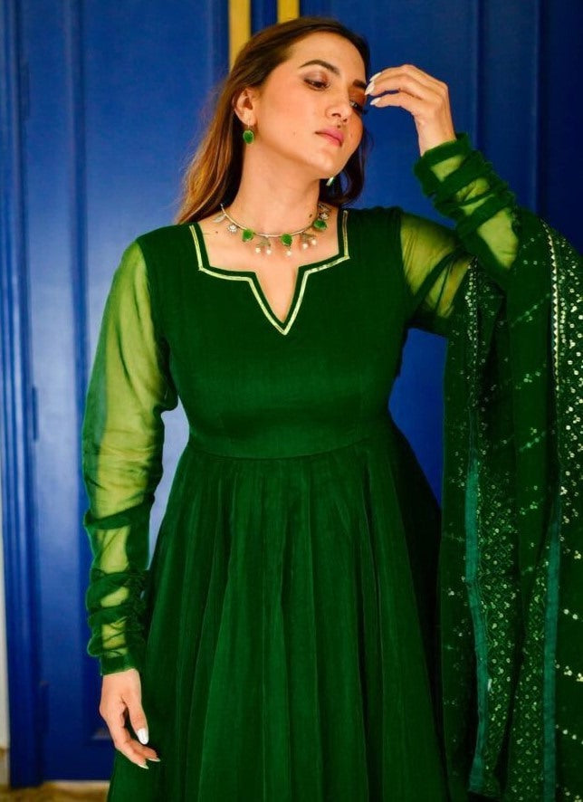 Green organza plain party wear anarkali suit