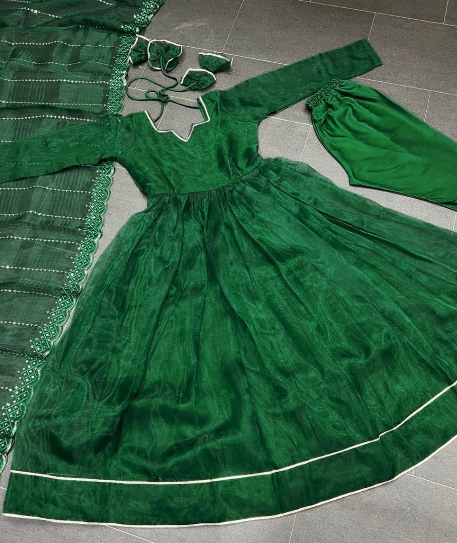 Green organza plain party wear anarkali suit