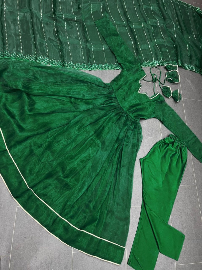 Green organza plain party wear anarkali suit