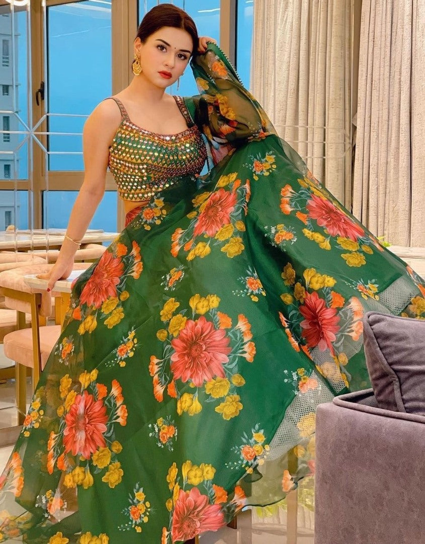 Green organza silk flower printed lehenga choli