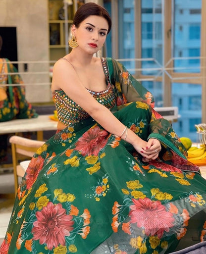 Green organza silk flower printed lehenga choli