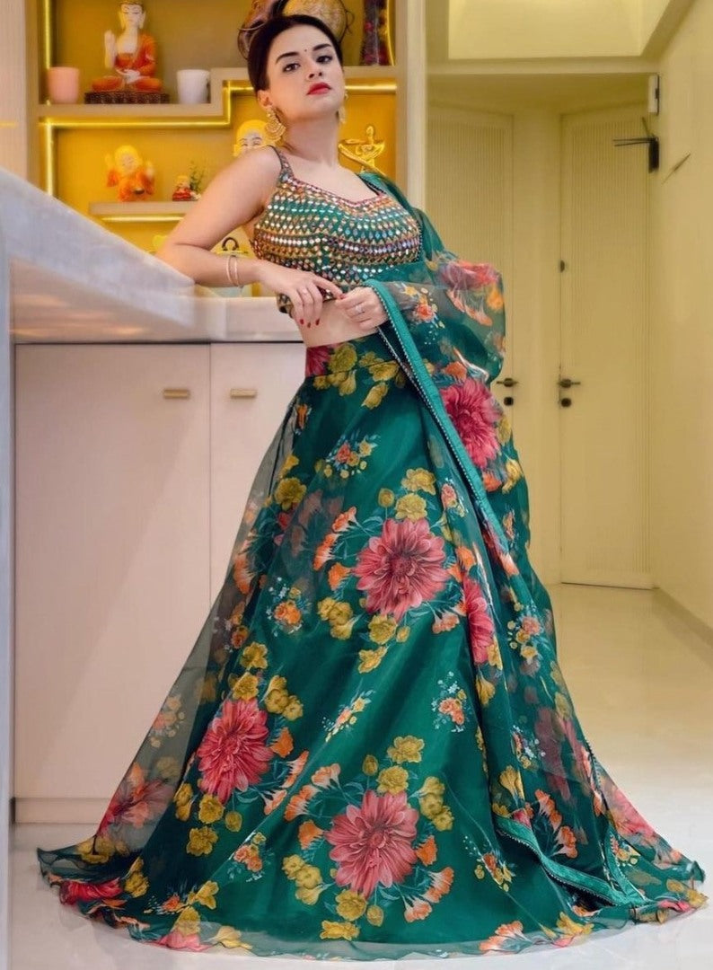 Green organza silk flower printed lehenga choli