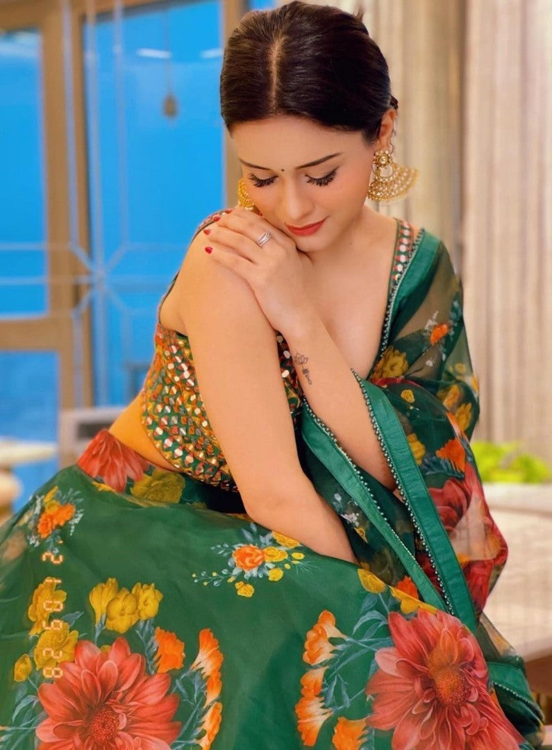Green organza silk flower printed lehenga choli