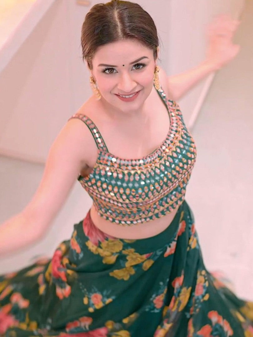 Green organza silk flower printed lehenga choli