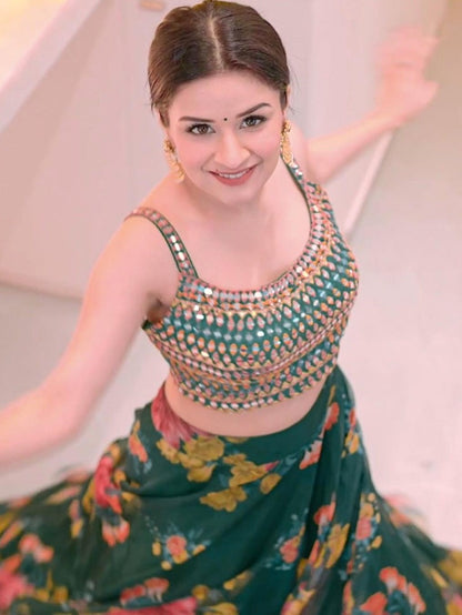 Green organza silk flower printed lehenga choli