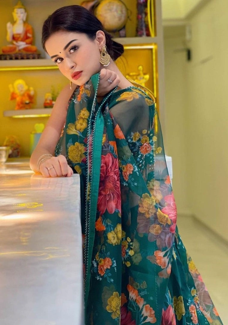 Green organza silk flower printed lehenga choli