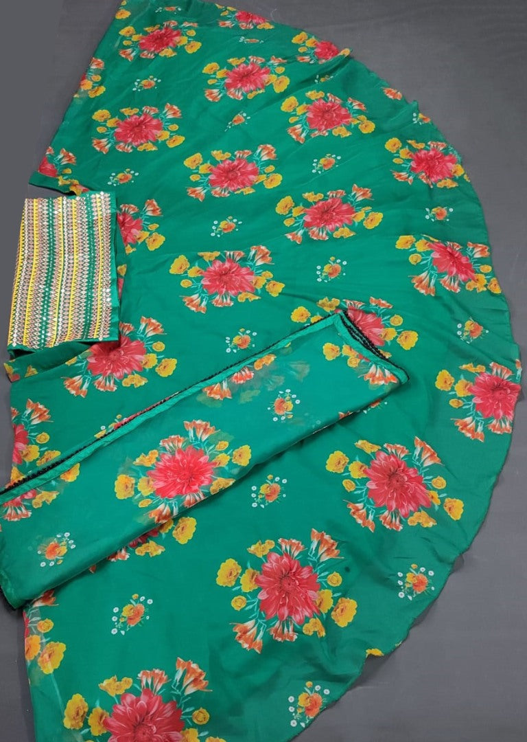 Green organza silk flower printed lehenga choli