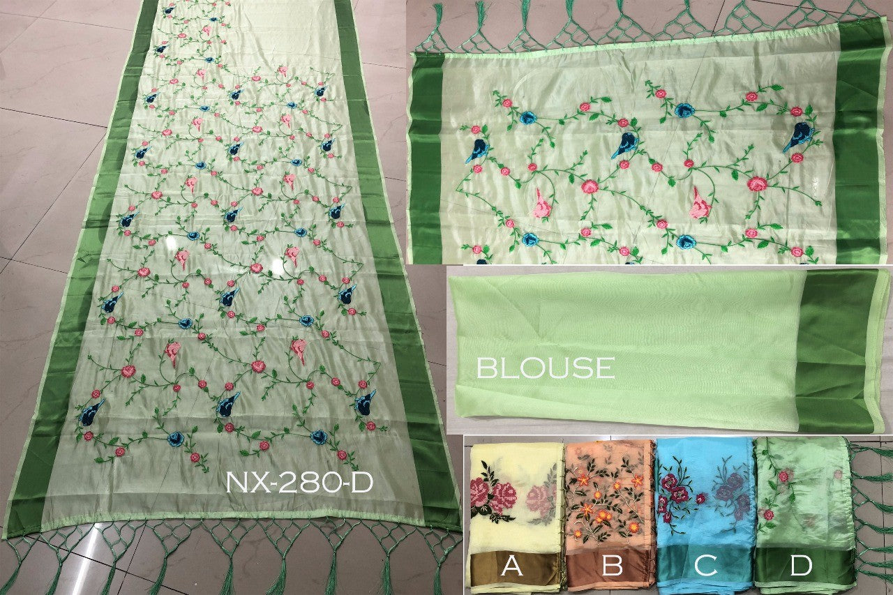 green organza silk heavy embroidered saree