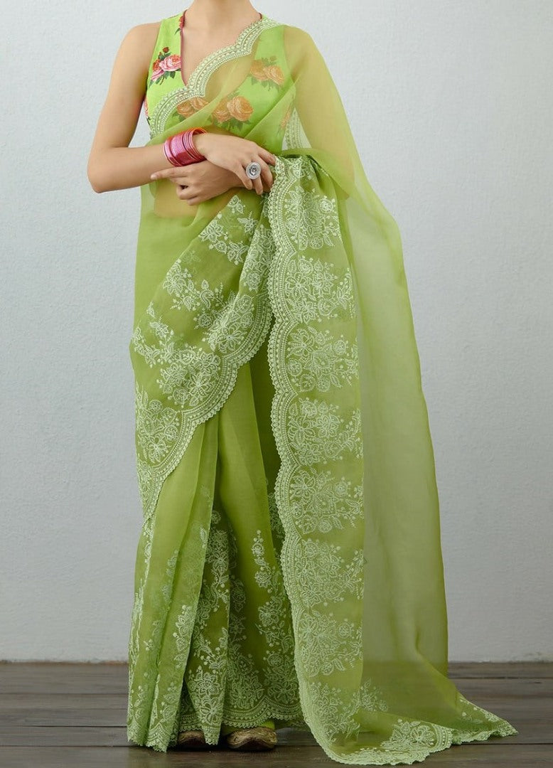 Green organza thread embroidered saree