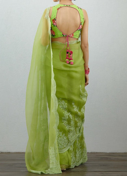 Green organza thread embroidered saree