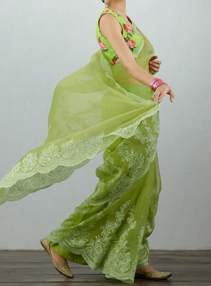 Green organza thread embroidered saree