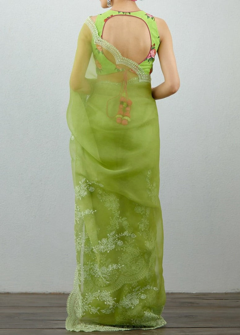 Green organza thread embroidered saree