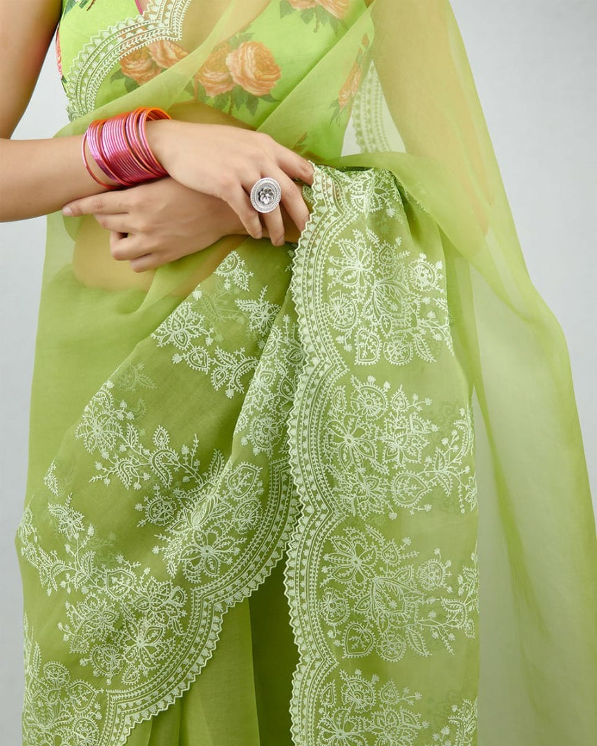 Green organza thread embroidered saree