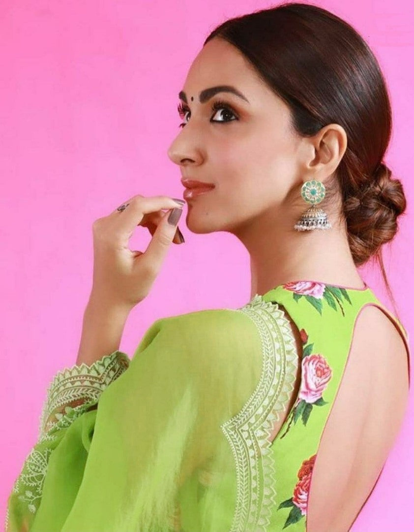 Green organza thread embroidered saree