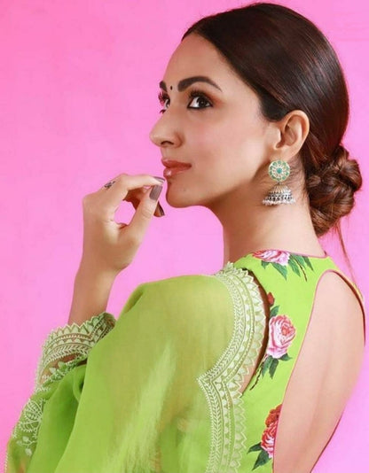 Green organza thread embroidered saree