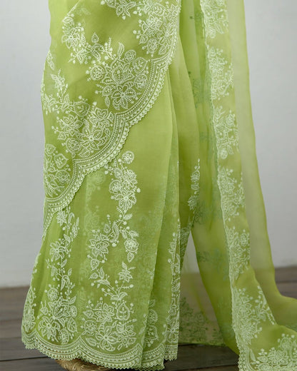 Green organza thread embroidered saree