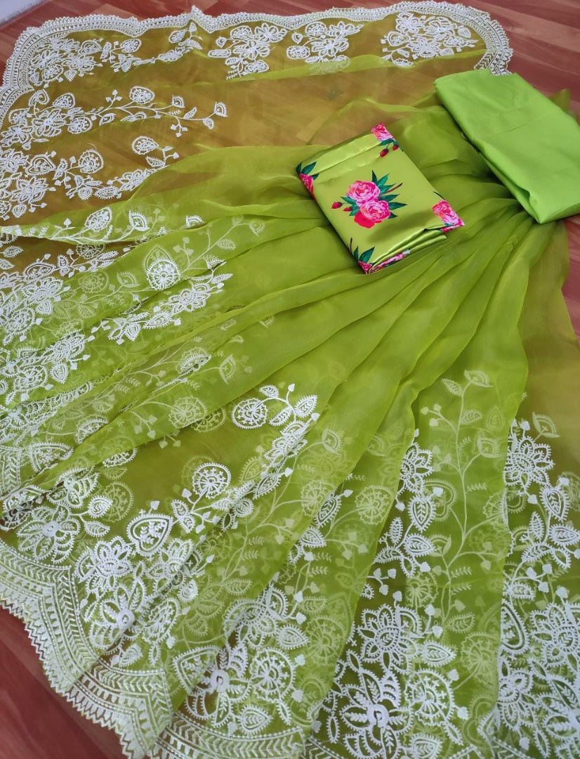 Green organza thread embroidered saree