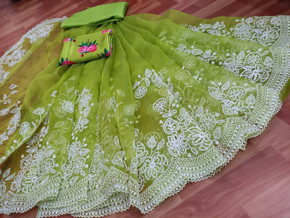Green organza thread embroidered saree