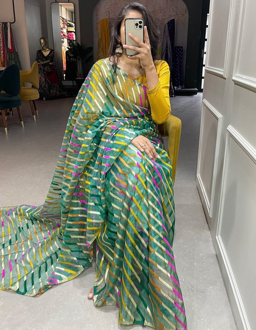 Green organza zari weaving work organza saree