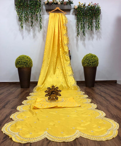 Green paper silk embroidery work cutwork saree