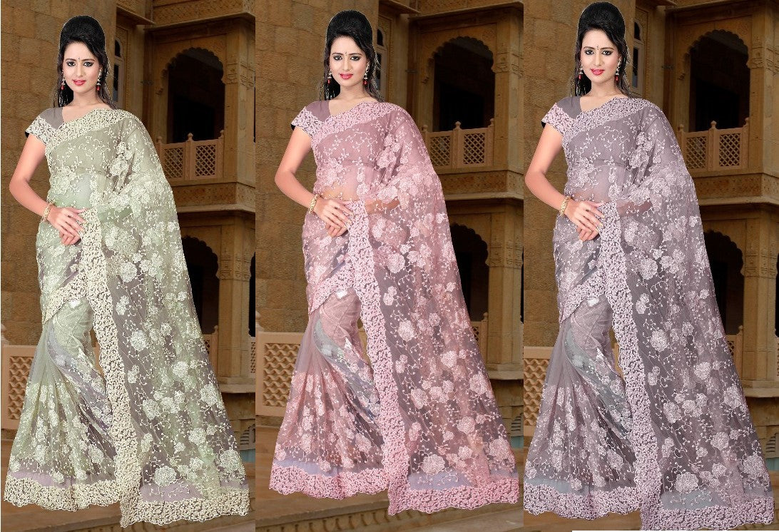 green pink and grey fancy thread work wedding wear saree