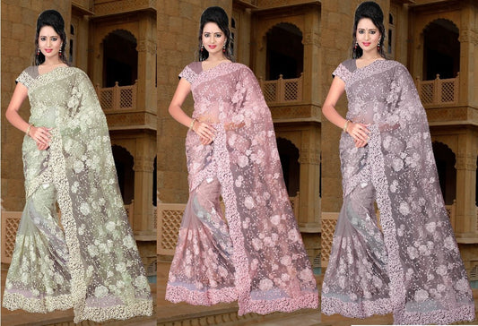 green pink and grey fancy thread work wedding wear saree