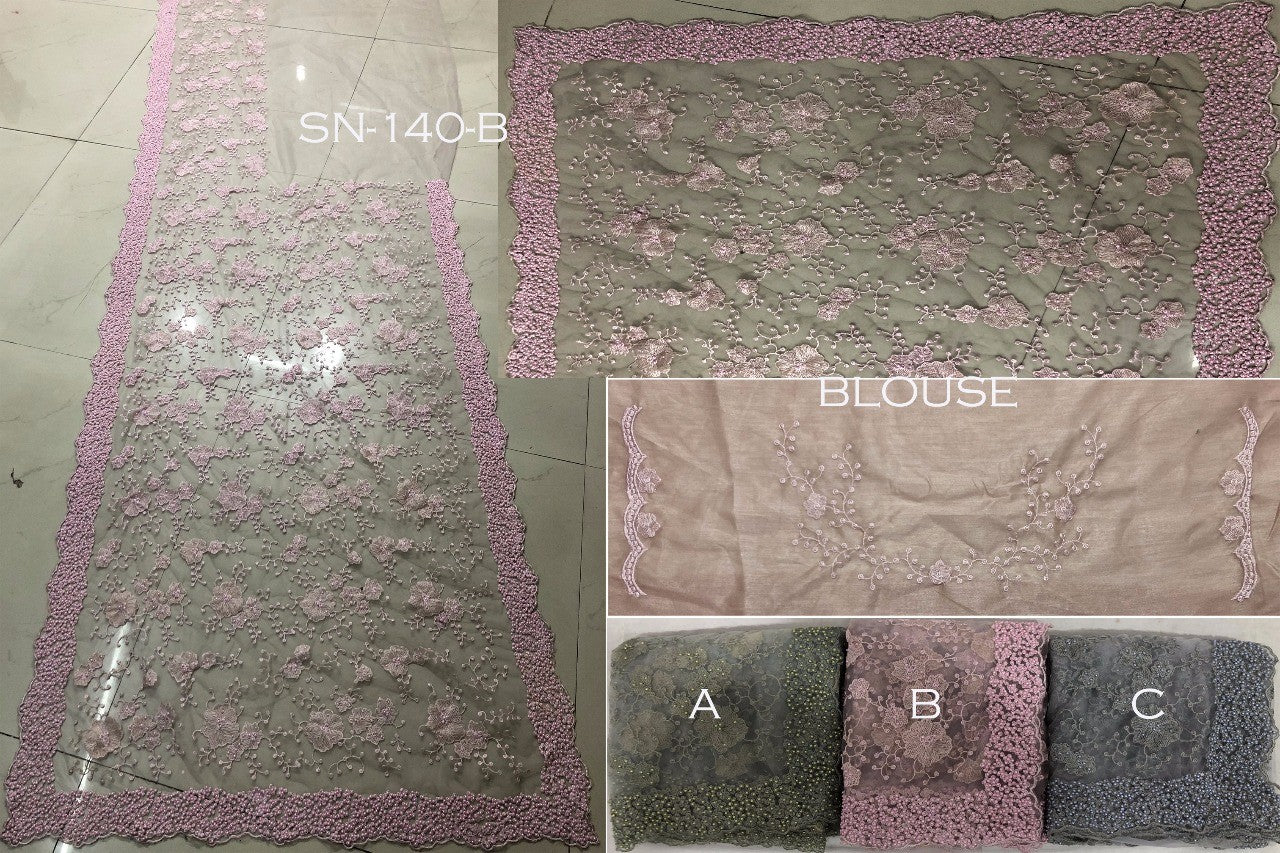 green pink and grey fancy thread work wedding wear saree