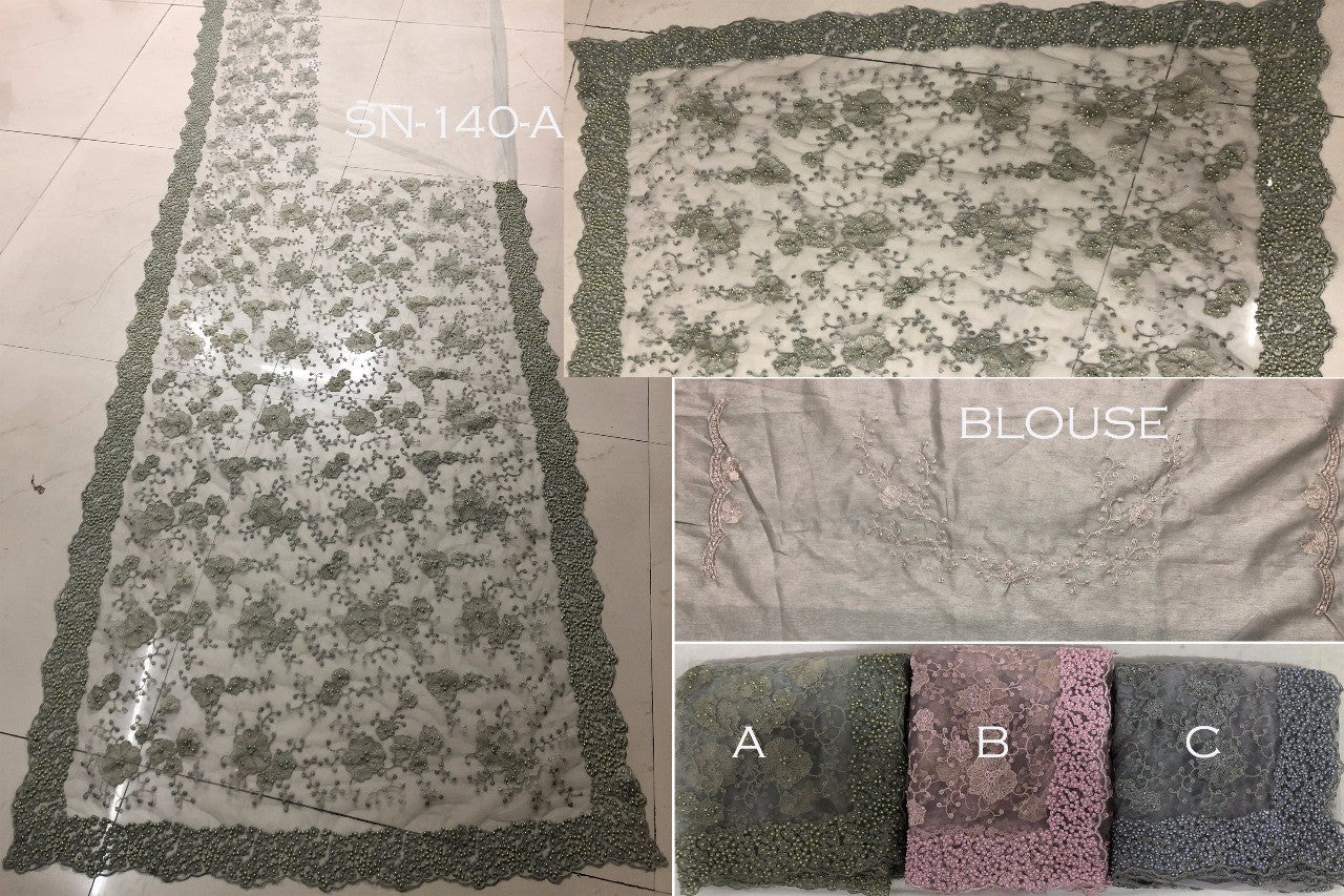 green pink and grey fancy thread work wedding wear saree