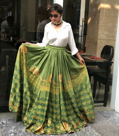green printed banglori silk lehenga