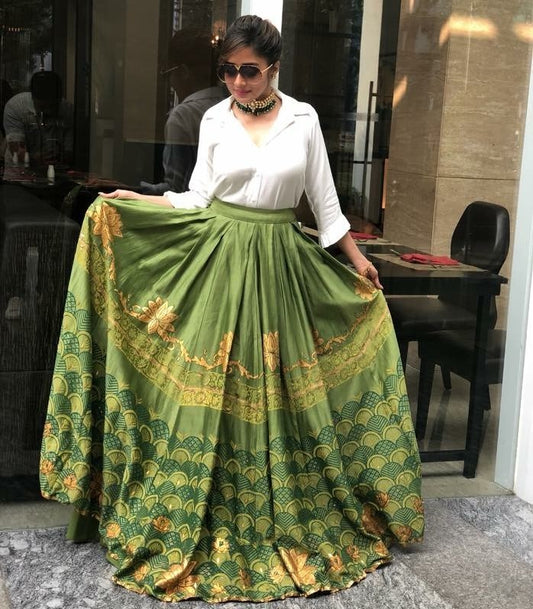 green printed banglori silk lehenga