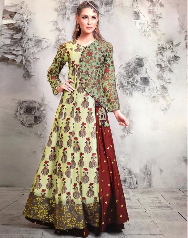 green pure chanderi printed gown