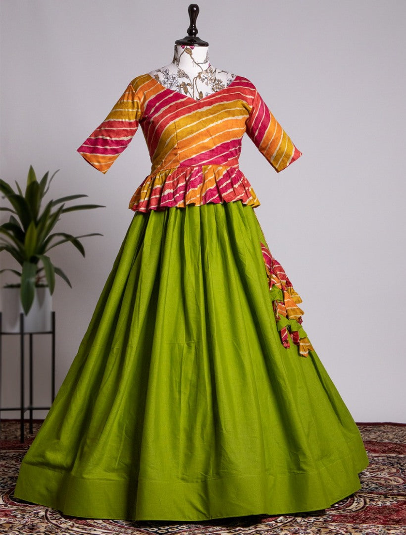 Green pure cotton plain crop top lehenga