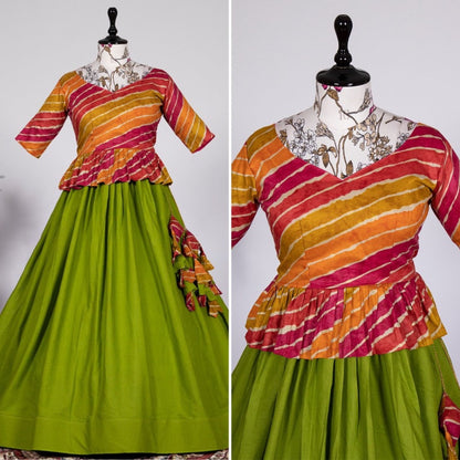 Green pure cotton plain crop top lehenga