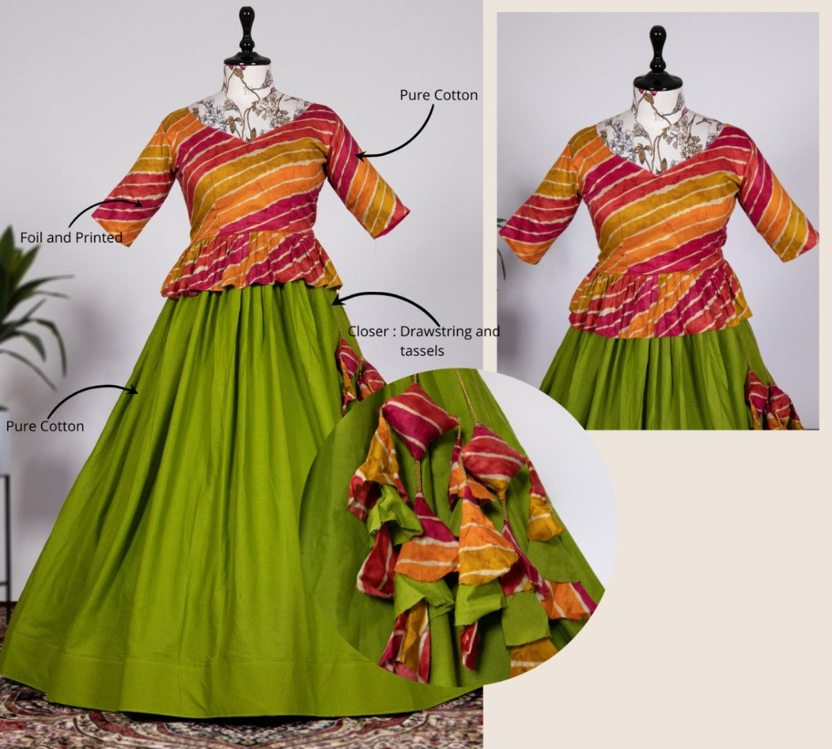 Green pure cotton plain crop top lehenga