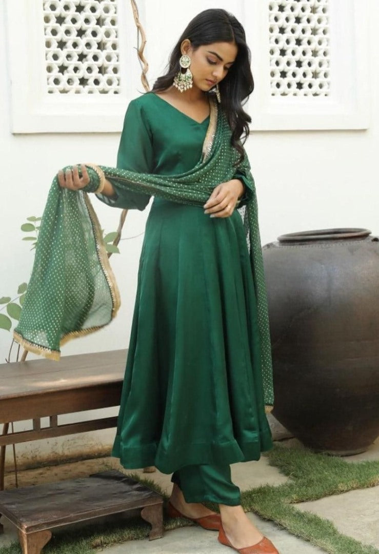 Green rangoli satin plain partywear anarkali suit