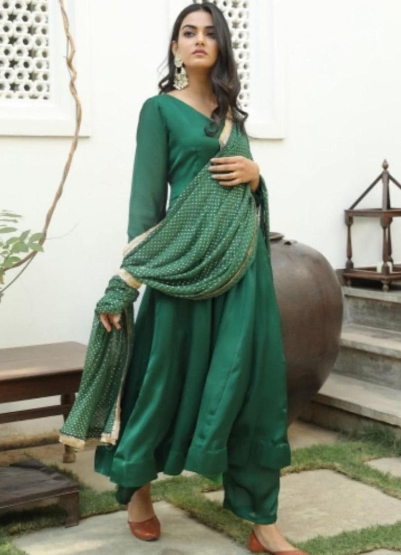 Green rangoli satin plain partywear anarkali suit