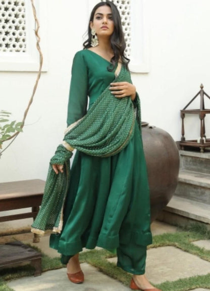 Green rangoli satin plain partywear anarkali suit