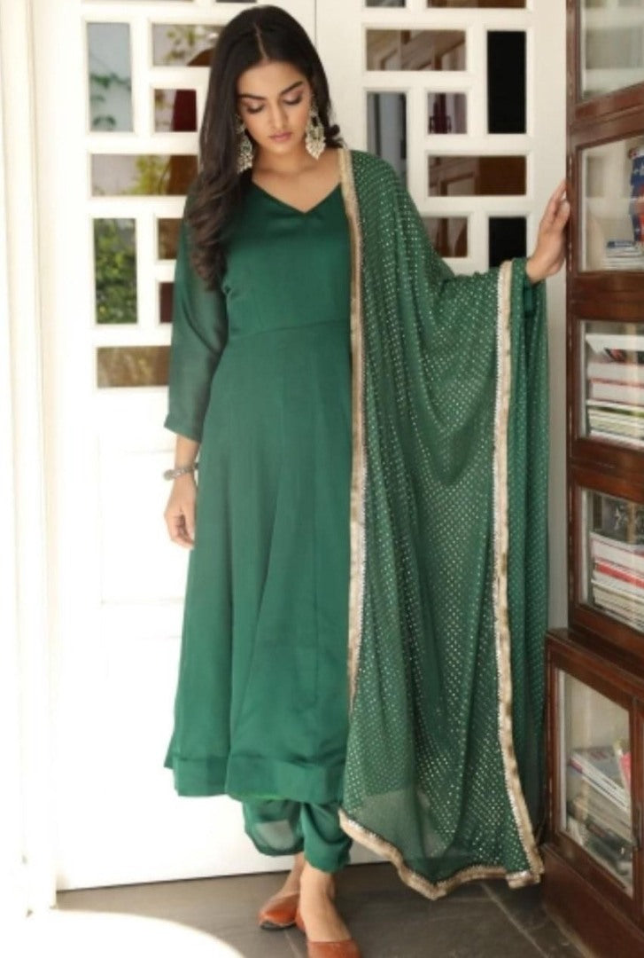 Green rangoli satin plain partywear anarkali suit