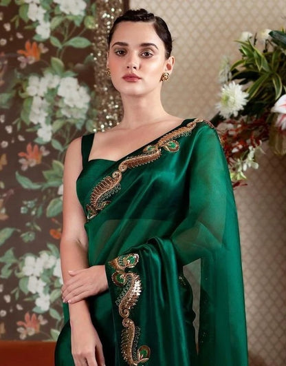 Green rangoli silk sequence work border fancy party wear saree