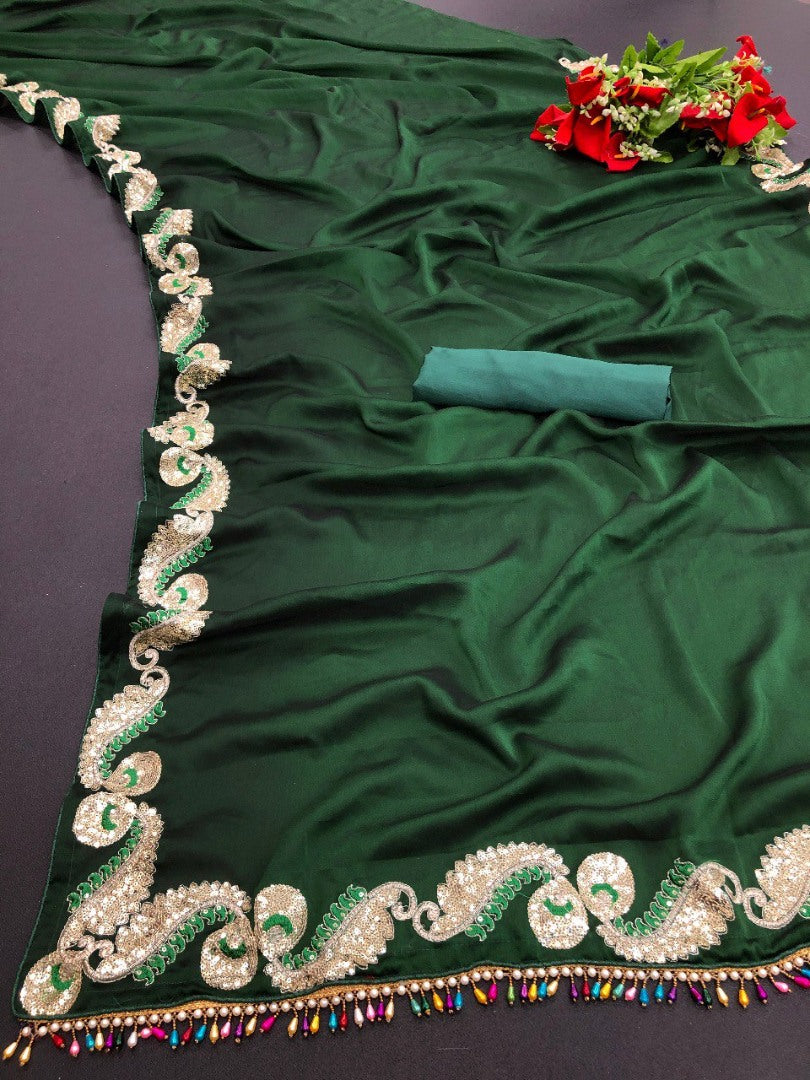 Green rangoli silk sequence work border fancy party wear saree