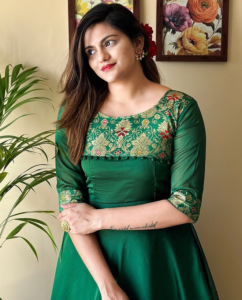 Green rangoli weaving work gown