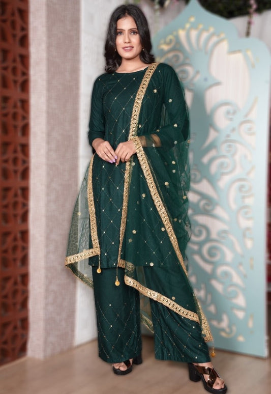 Green rayon embroidered plazzo suit