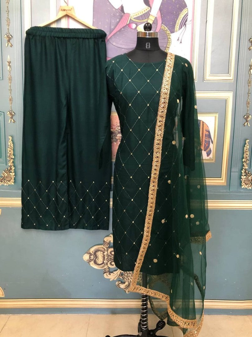 Green rayon embroidered plazzo suit