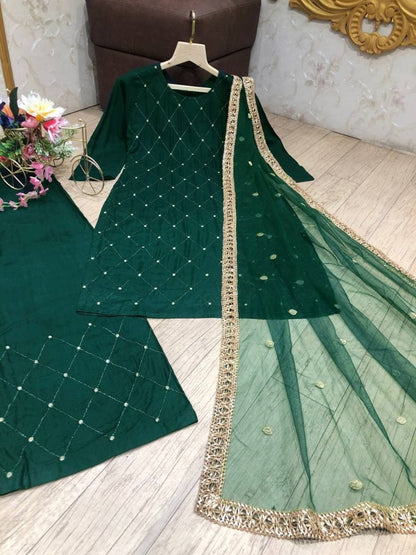 Green rayon embroidered plazzo suit